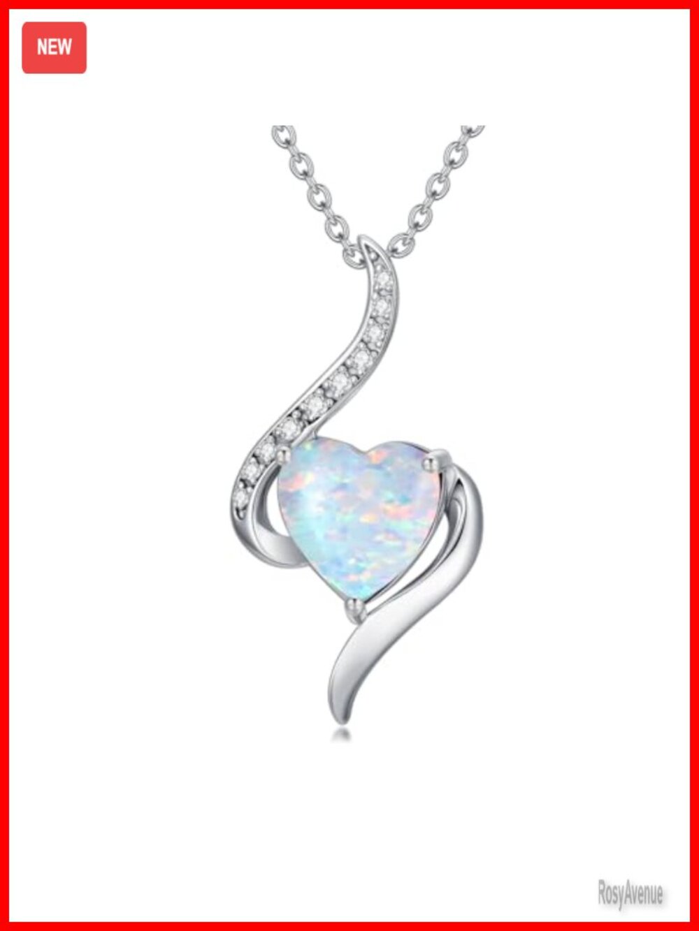Heart Shaped White Opal Pendant Necklace 925 Sterling Silver with Diamond